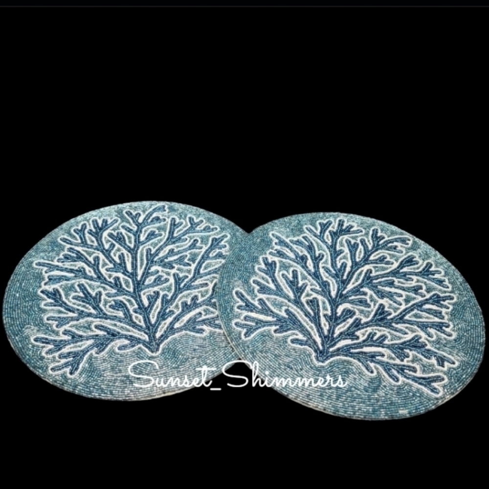 2pc Tahari Coastal Sea Coral Reef Beaded Placemats Chargers Set NEW